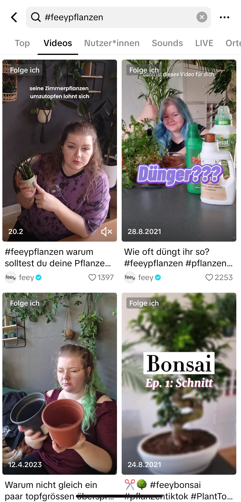 Ein Screenshot des TikTok-Hashtags "feeypflanzen".