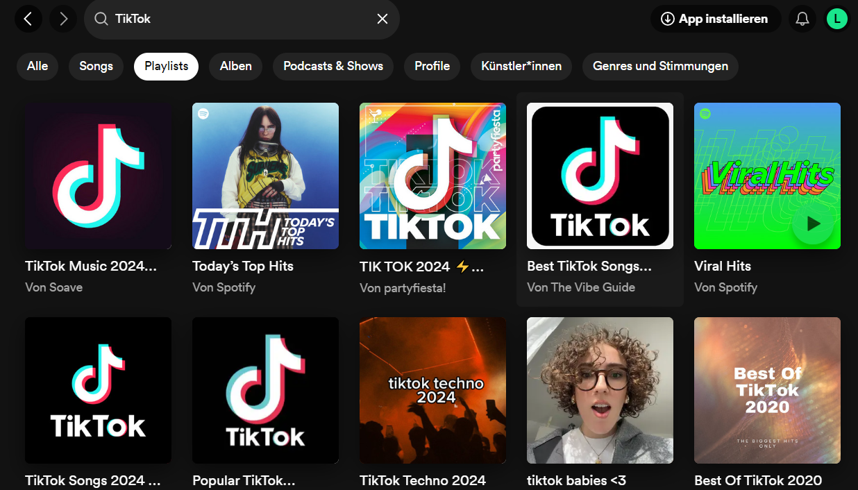 Ein Screenshot von Spotify Playlists zum Thema TikTok.