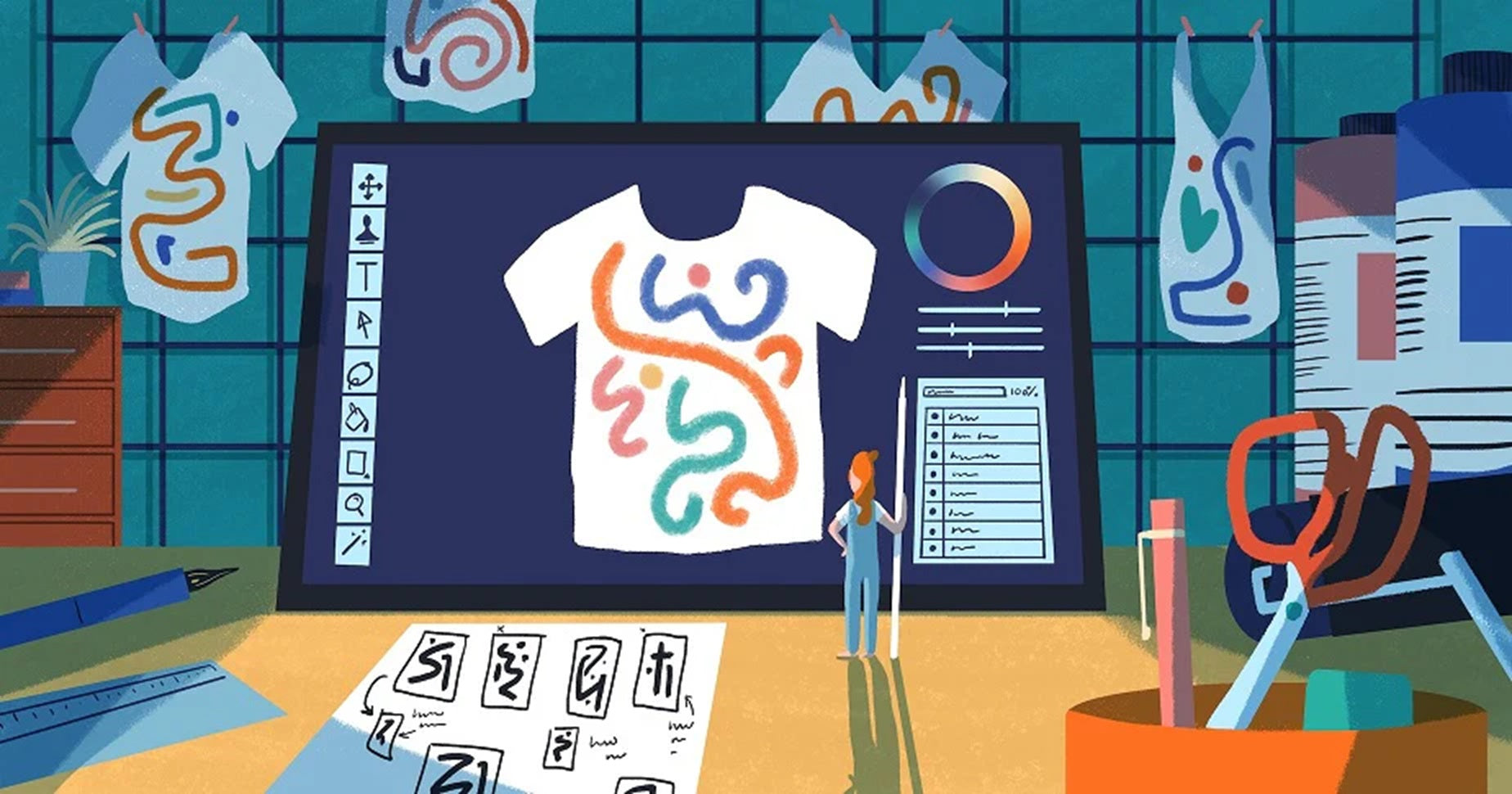 Die Illustration zeigt einen großen Bildschirm mit eine T-Shirt Design. Vor dem Bildschirm steht eine kleine Person mit einem Stift in der Hand.
