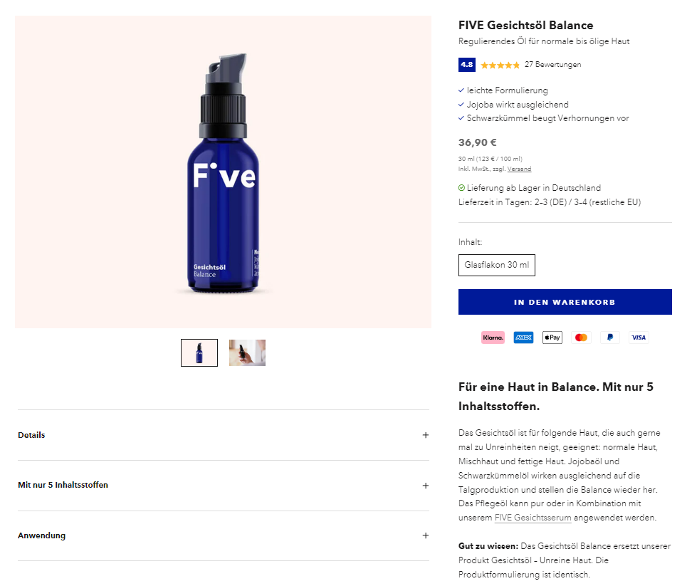 Screenshot der Produktseite des Gesichtsöls von Five Skincare. Die Value Proposition des Produkts zahlt auf das Wertversprechen des Unternehmens ein.