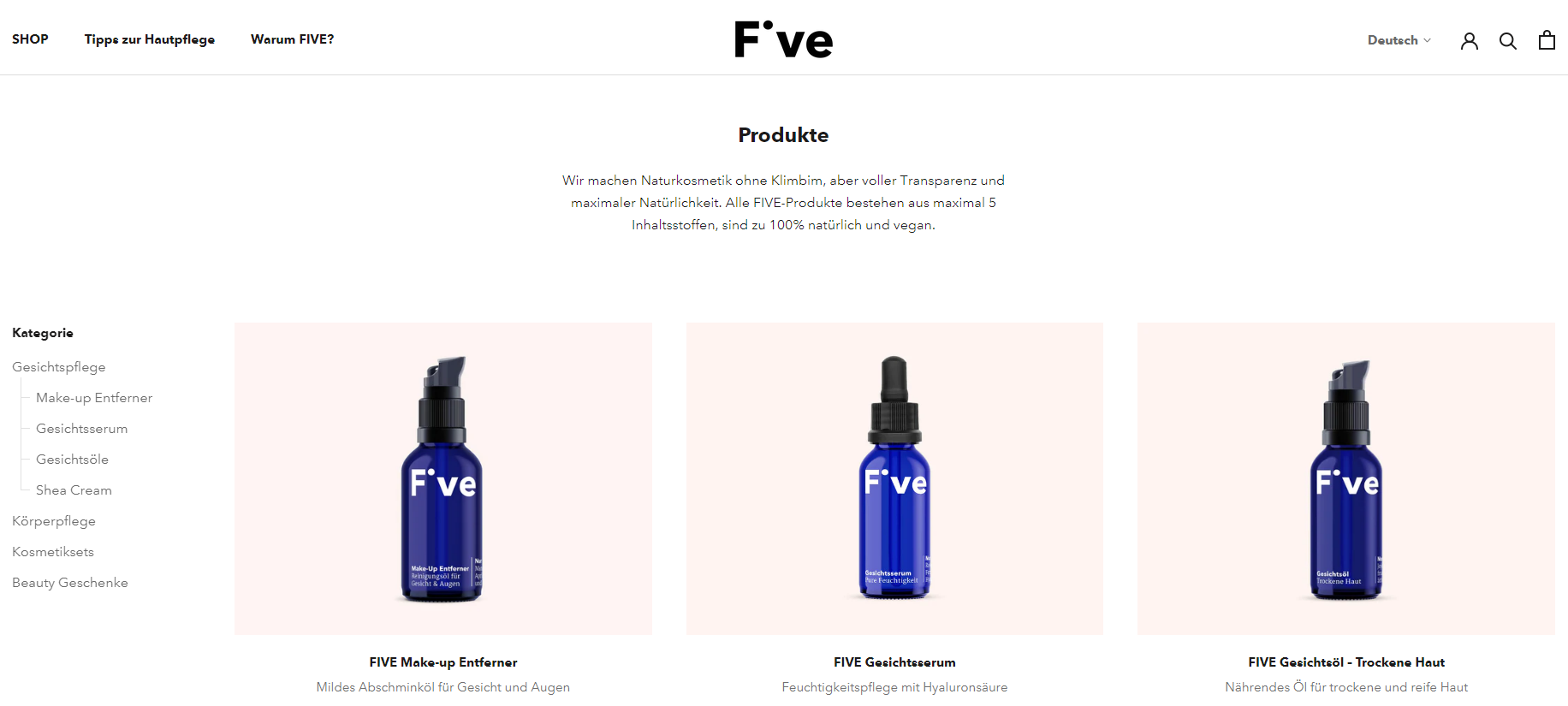 Screenshot der Produktseite der Website von Five Skincare. Die Value Proposition findet sich auf allen Seiten des Unternehmens wieder.
