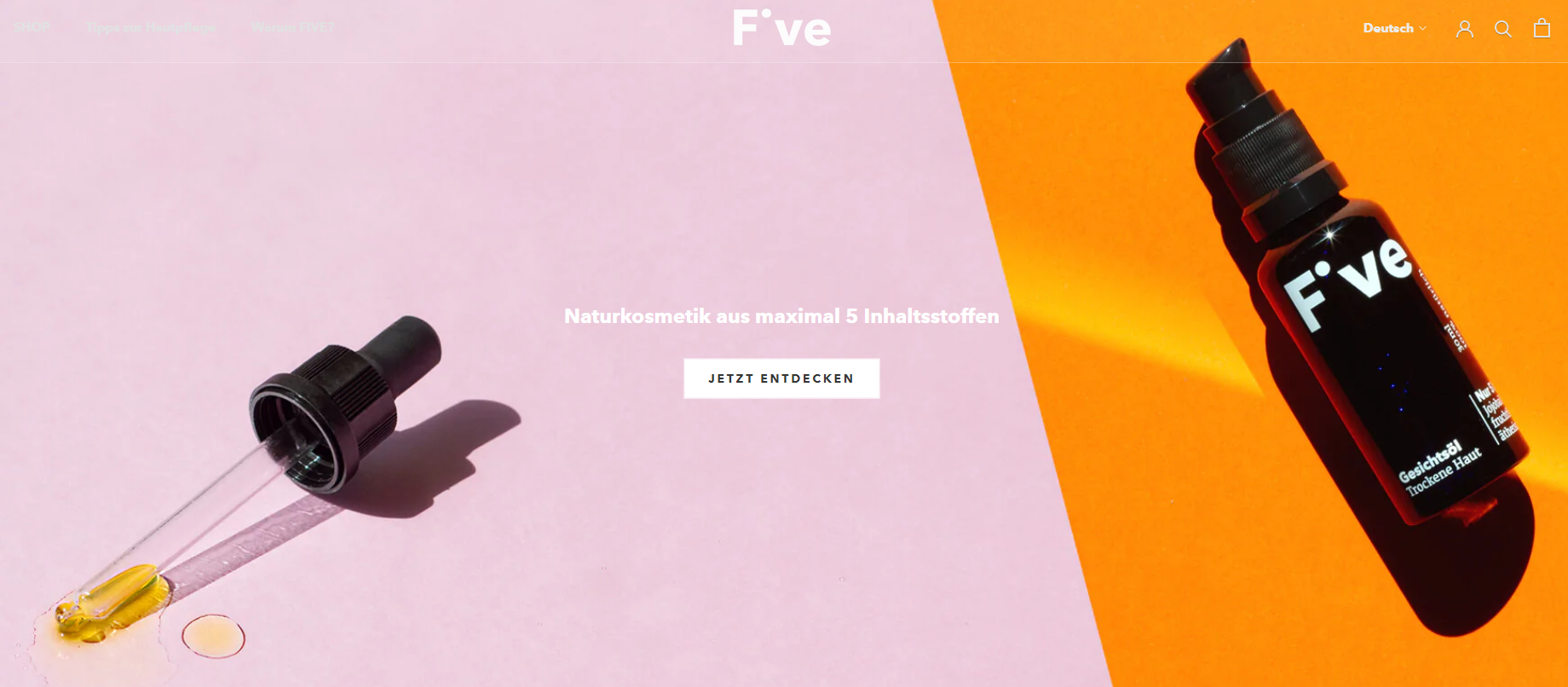 Screenshot der Homepage von Five Skincare. Das klare Wertversprechen lautet: Naturkosmetik aus maximal 5 Inhaltsstoffen.