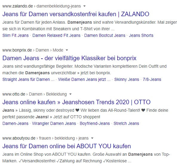 Google-Suche zu Damen Jeans mit den Value Propositions.