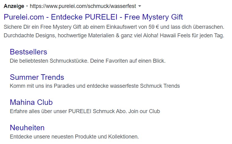 Screenshot der Google-Anzeige von PURELEI. Mit Google Ads kannst du deinen Onlineshop effektiv vermarkten und wirst von potenziellen Kund:innen gefunden.