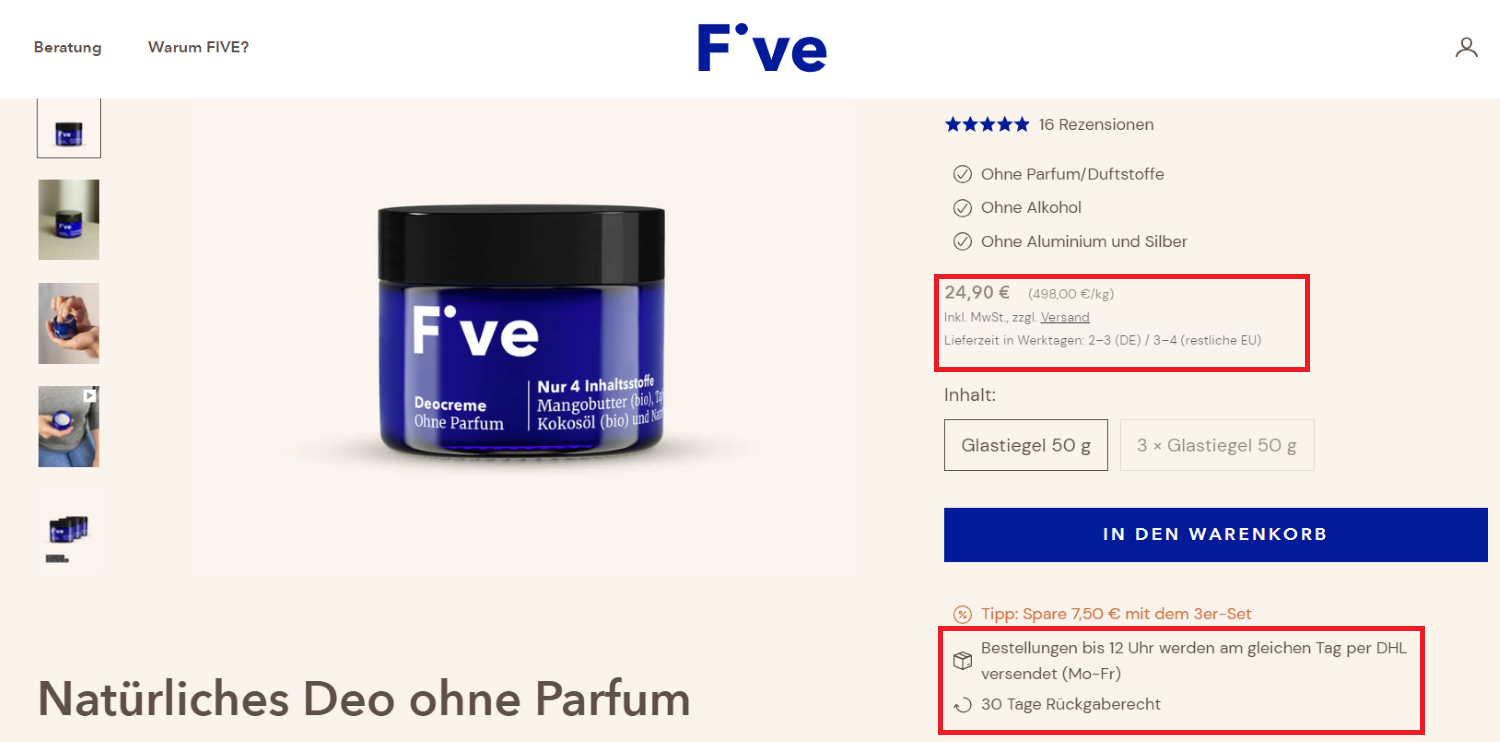 Zu sehen ist ein Screenshot der Produktseite von Five Skincare.