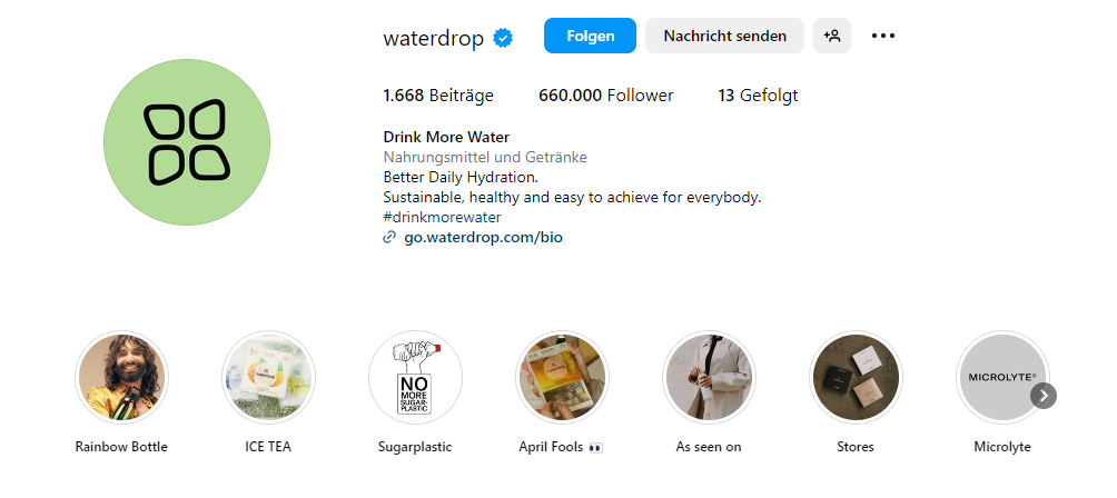 Marken-Hashtag in Waterdrop Instagram Biografie