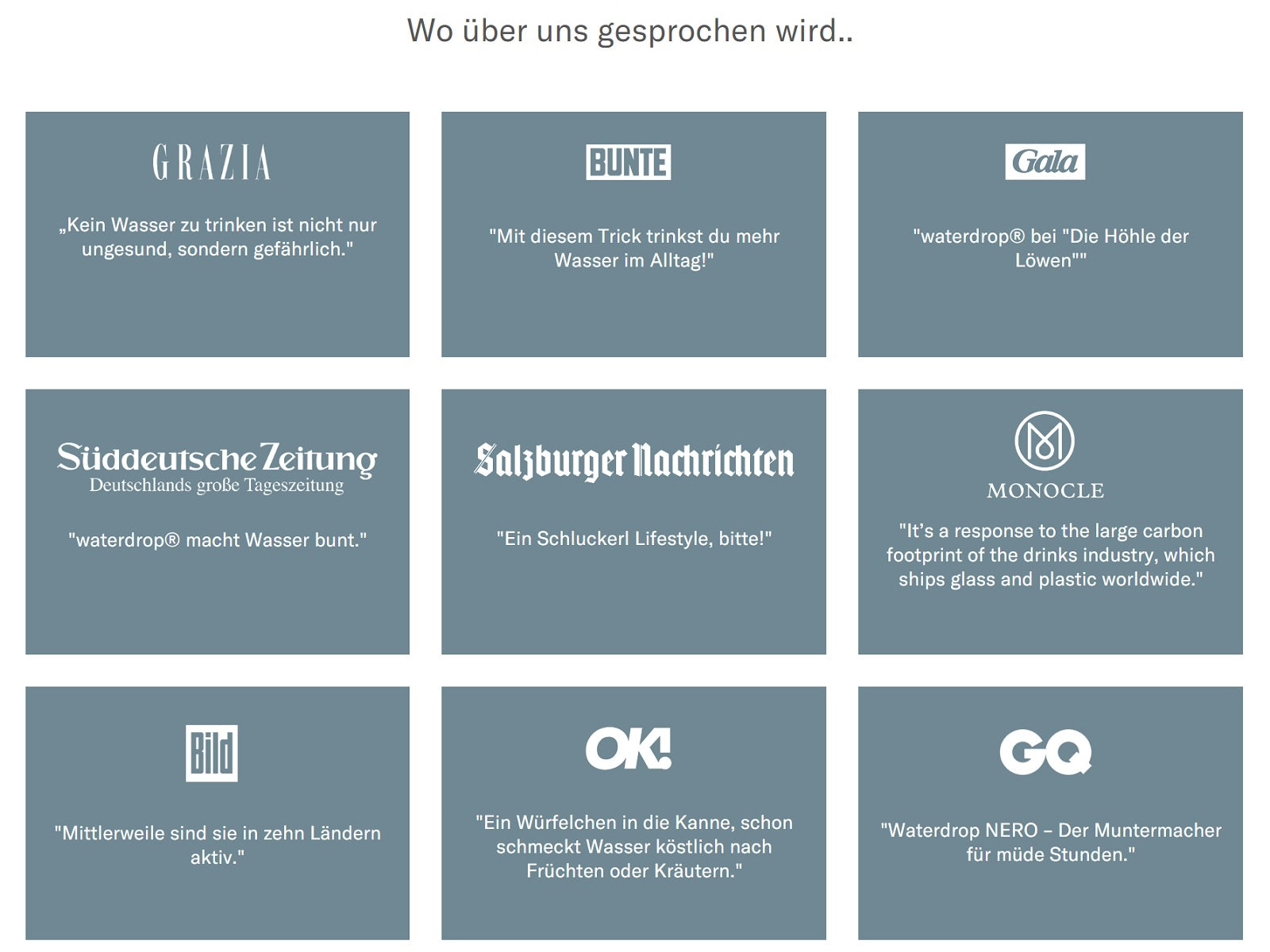 Der Screenshot zeigt die Erwähnungen von der Marke waterdrop in der Presse, darunter die Süddeutsche Zeitung, Gala, GQ und die Bild.