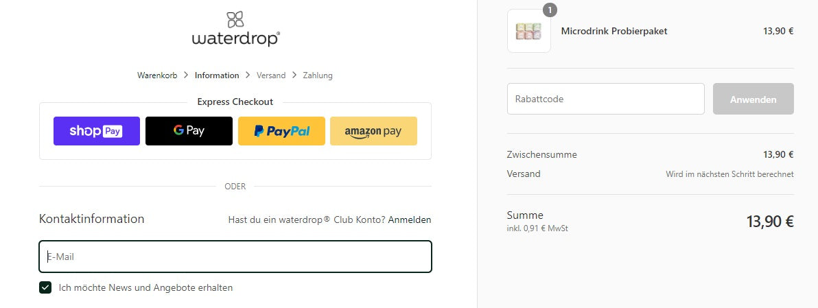 Zahlungsmöglichkeiten im Checkout der erstellten Website von Waterdrop