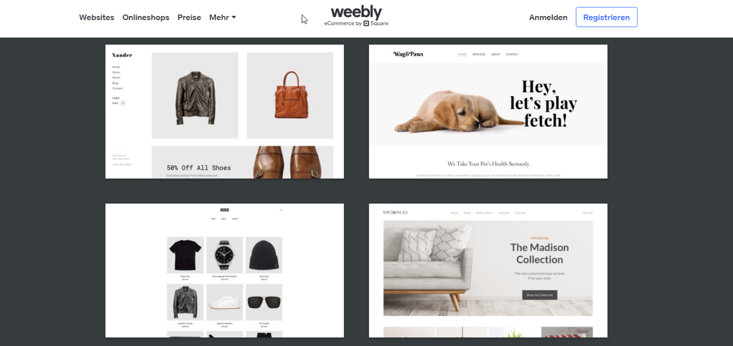 Screenshot der Weebly-Website mit vier Umsetzungen von Onlineshops