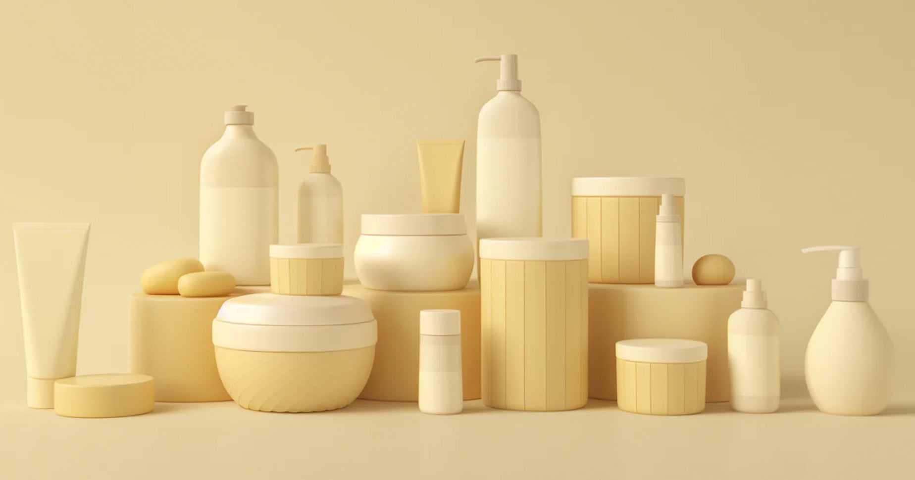 Unbedruckte, weiße Produkte umgeben von einer Vielzahl an Etiketten als Beispiell für White-Label-Produkte