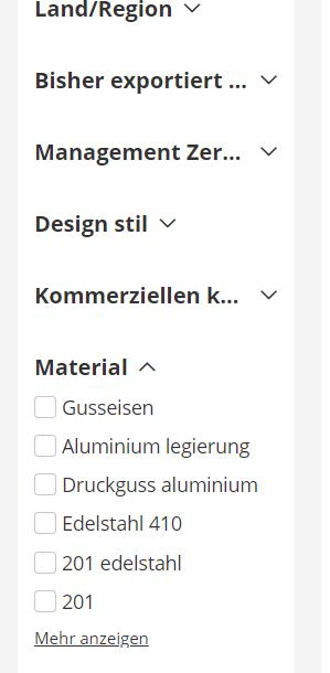 Die Filterfunktion der Produktsuche bei Alibaba.