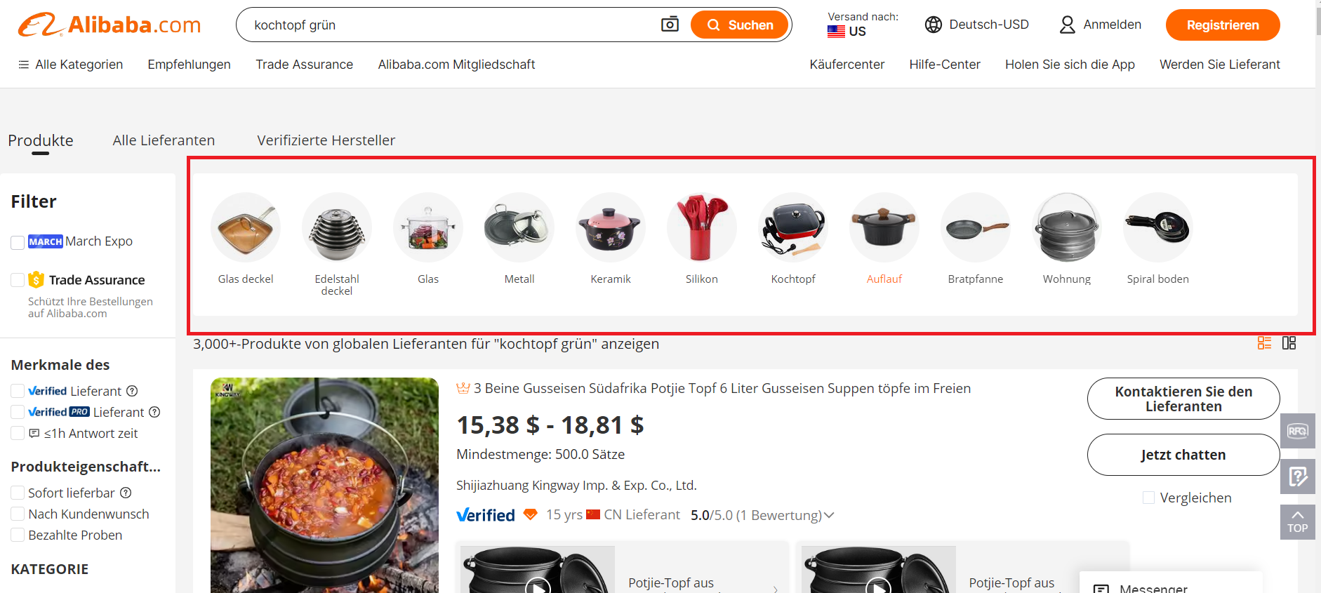 Die Suche auf der Website von Alibaba nach dem Suchbegriff "grüner Kochtopf".