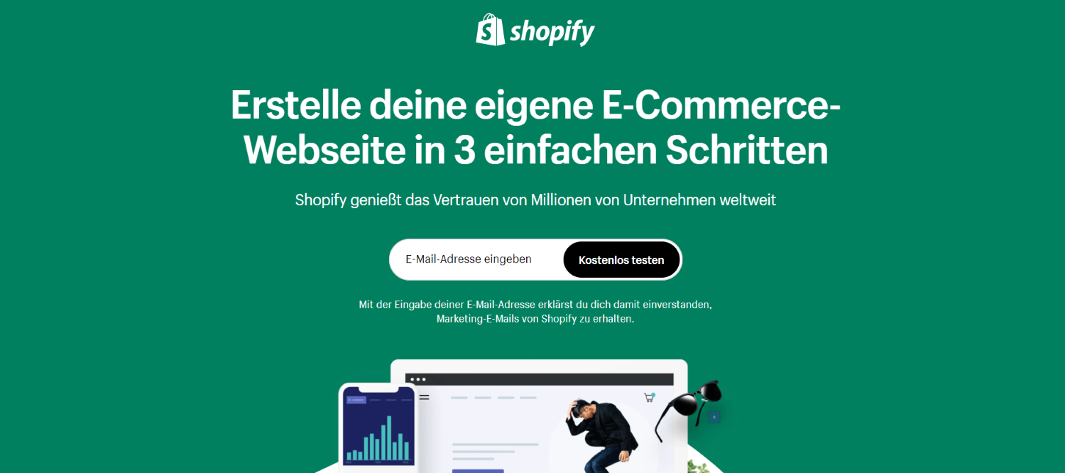 Zu sehen ist die Startseite von Shopify.