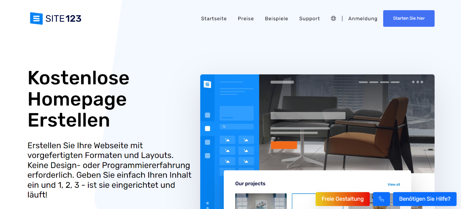 Der Screenshot zeigt die Website von Site123.