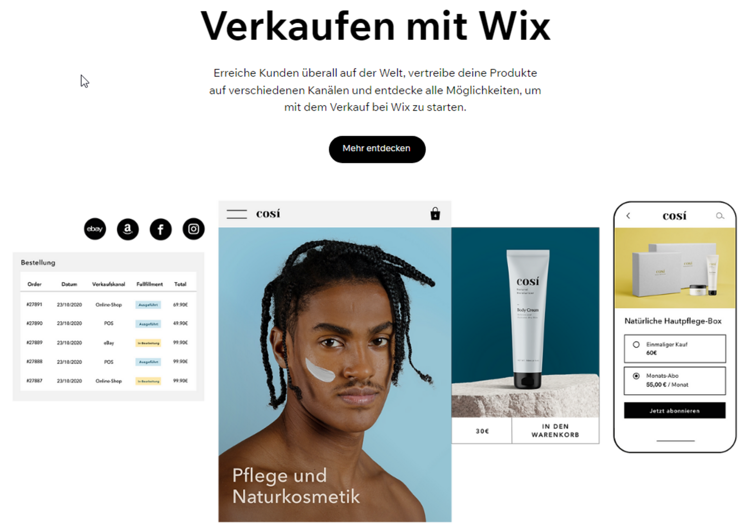 Screenshot der Wix Website mit Werbetext und Bildern zu Plattform-Funktionen