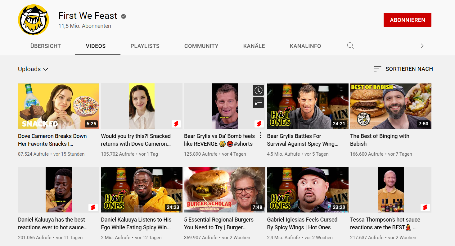 Der YouTube Kanal von First We Feast. Er ist ein gutes Beispiel für die Nutzung des YouTube-Algorithmus.