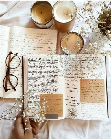 Scrapbook with tea, flowers + glasses 