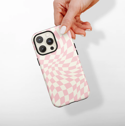 tough phone case checkerboard chess pink wavy