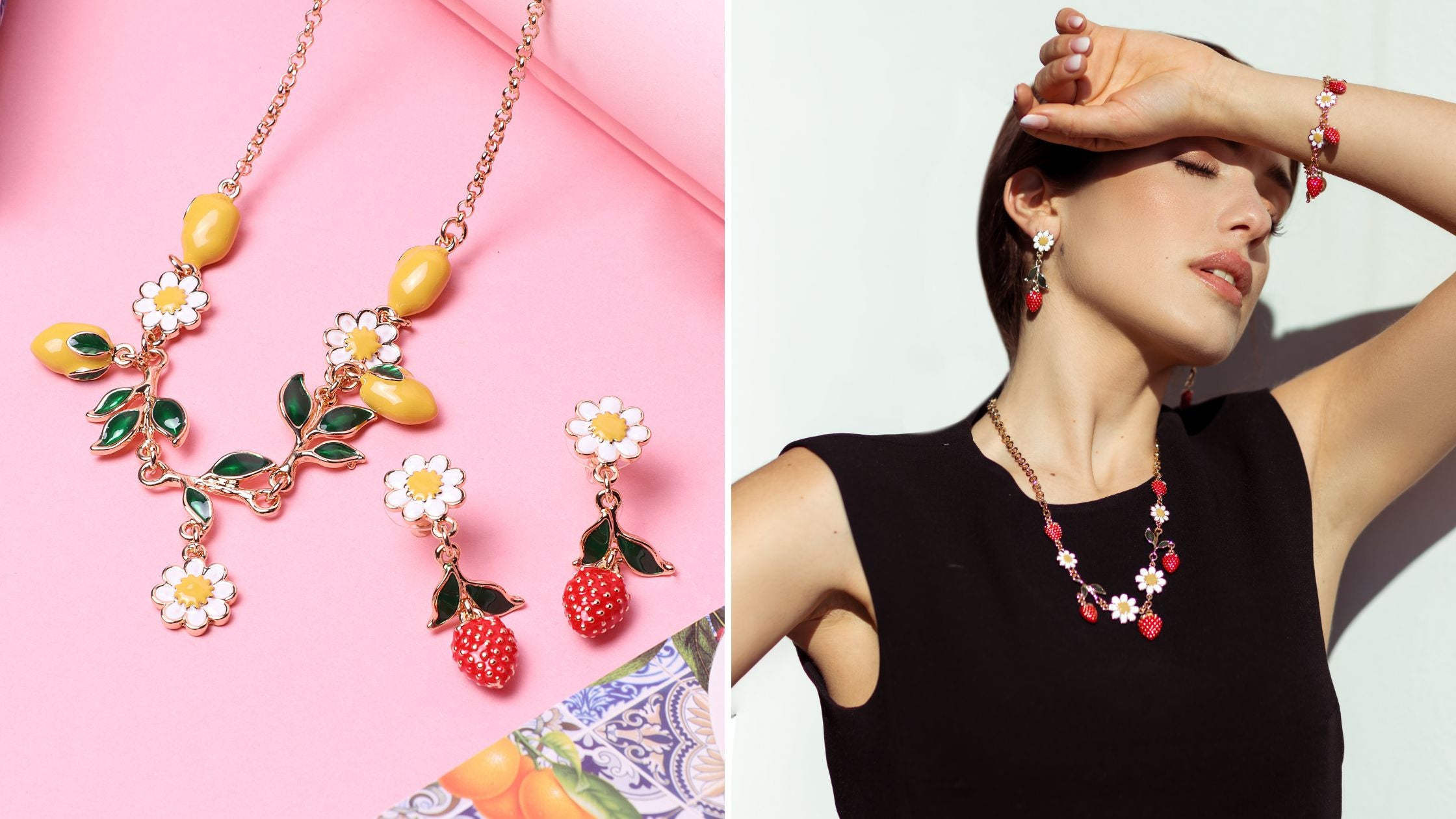 jewelry with strawberries, lemons and flowers