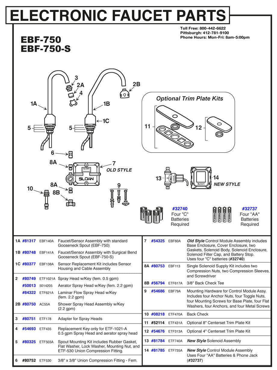 Sloan Electronic Faucet Parts EBF 750 EBF 750 S Parts Breakdown