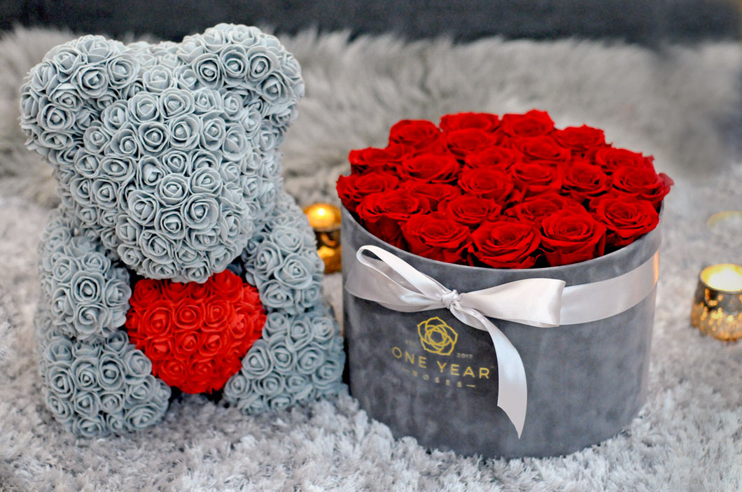 rose teddy bear with box