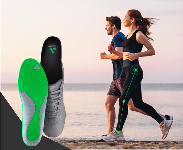 Couple running down the beach, with overlay showing the alignment benefits of the Protalus T-100 Elite shoe insoles