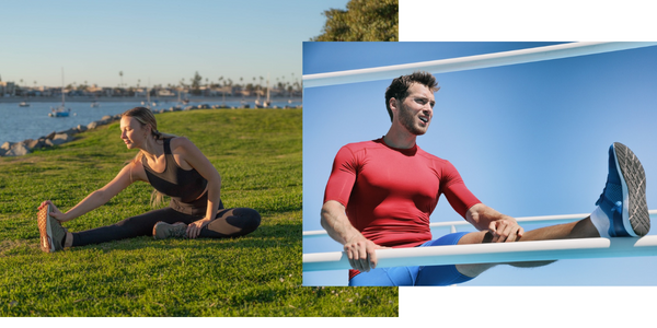 Woman stretching on grass. Man stretching leg while standing.