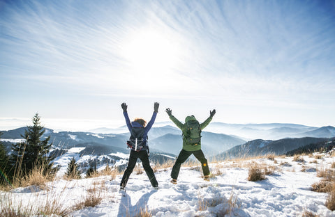 leaping happily on a snowy trail on a sunny day