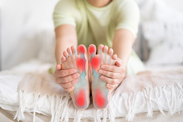 Bottom of a womans foot showing plantar fasciitis pain points