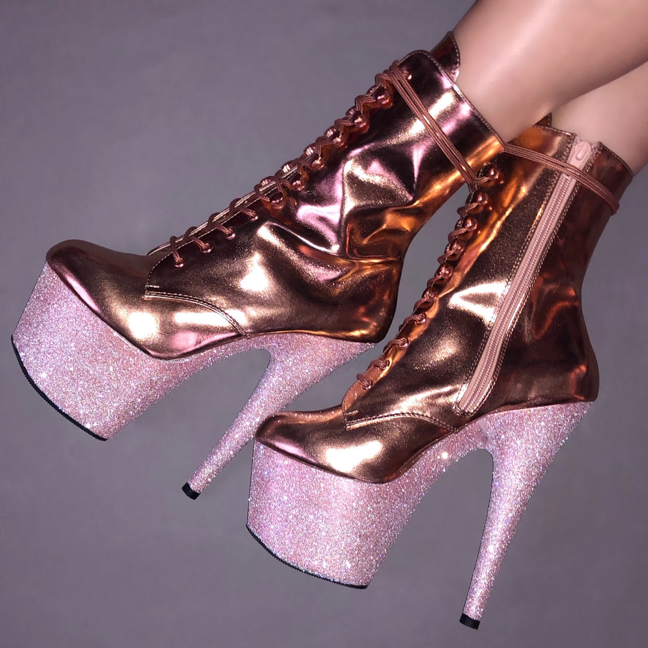 7" White Diamond VEGAN Rose Gold Ankle Boot Glitter Heels