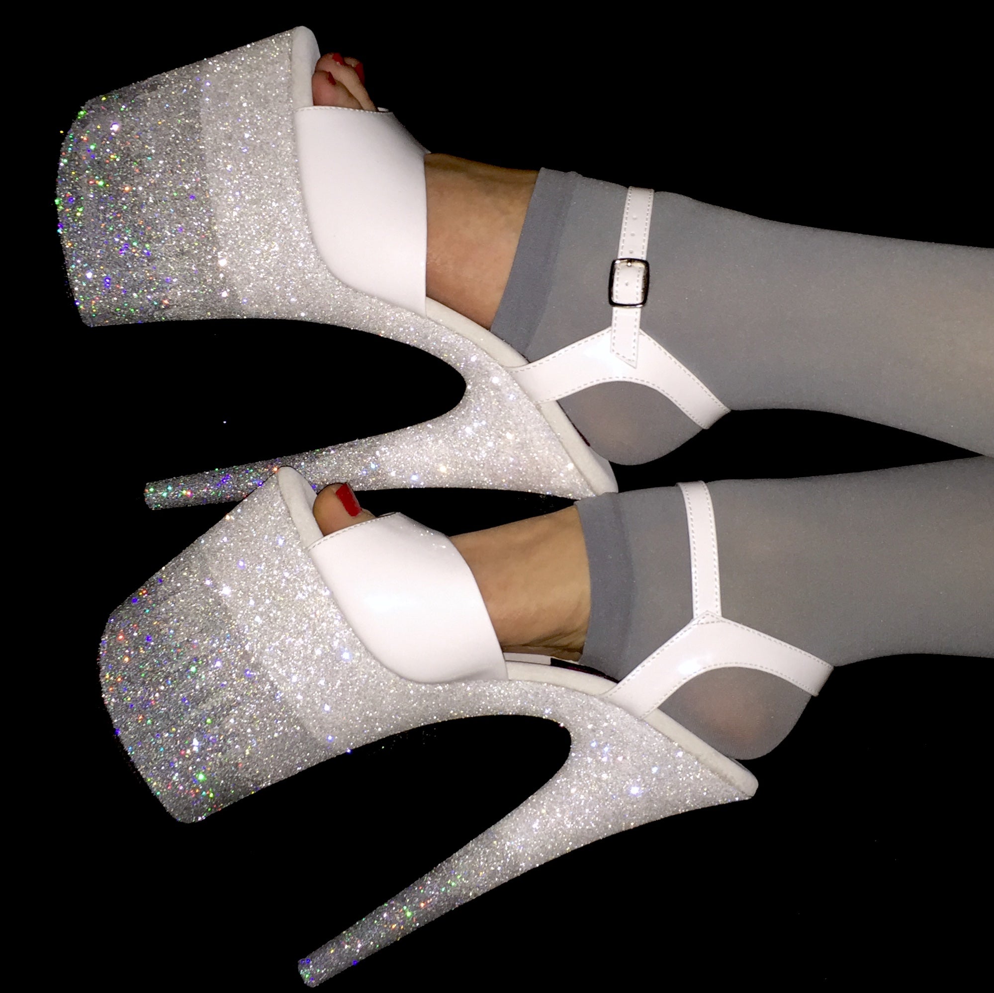 white glitter heels