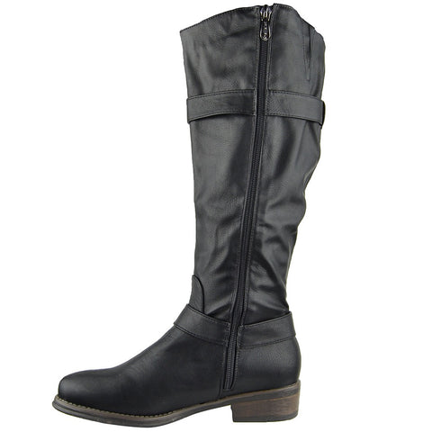 Womens Knee High Boots Rugged Zipper Accent Motorcycle Riding Shoes Black