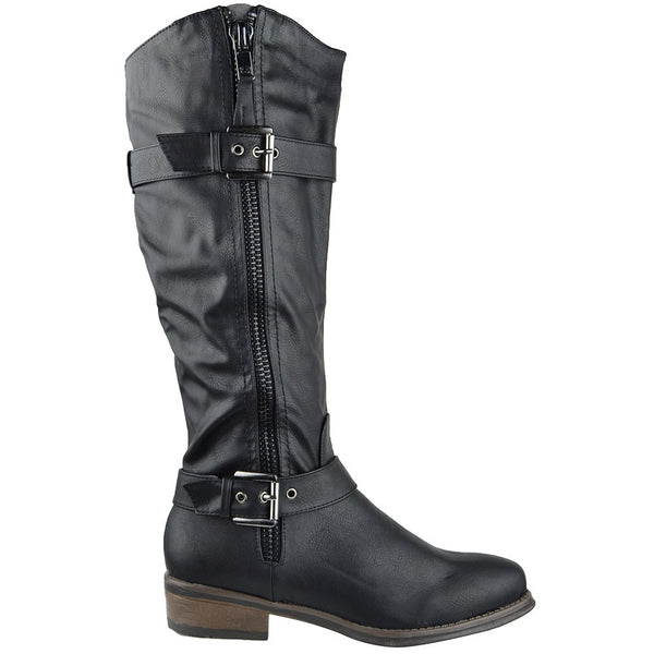 Womens Knee High Boots Rugged Zipper Accent Motorcycle Riding Shoes Bl
