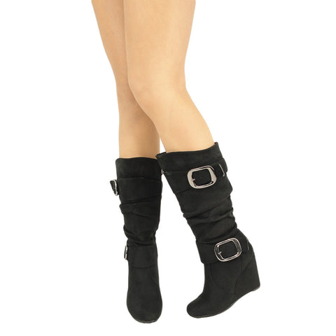 knee high suede wedge boots