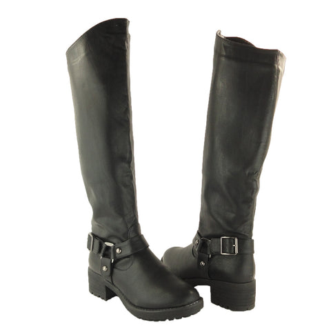 black leather knee high boots mid heel
