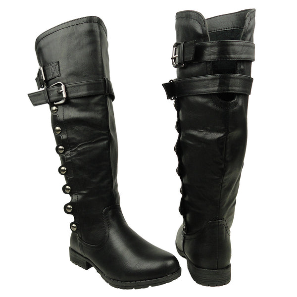 Womens Knee High Boots Side Rounded Studs Buckle Casual Comfort Shoes