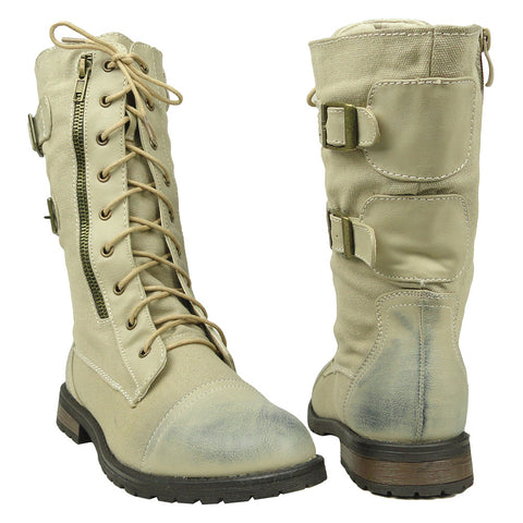 Womens Mid Calf Boots Canvas Lace Up 