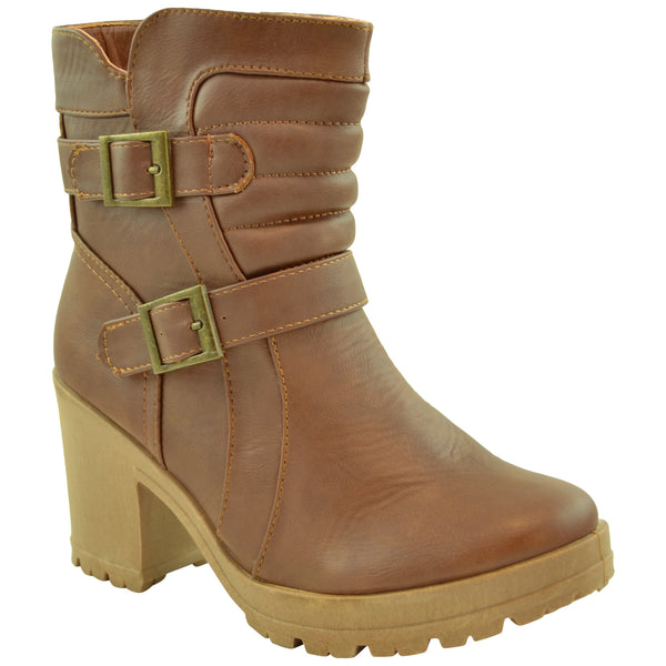 Womens Ankle Boots w/ Buckle Accent Block Heeled Shoes Tan