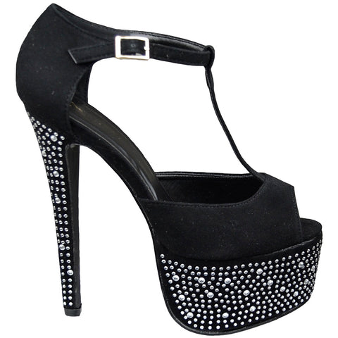 Womens Platform Shoes Rhinestone Studded Peep Toe High Heel Shoes black