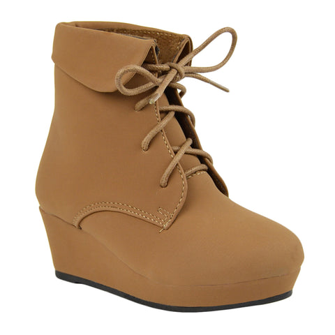 Kids Ankle Boots Lace Up Suede Casual Wedge Shoes Tan