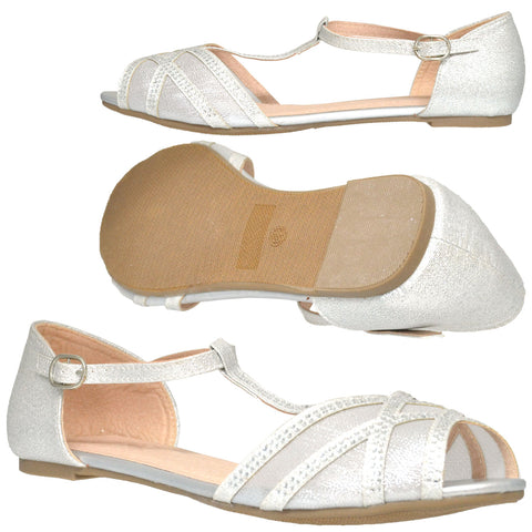 Womens Ballet Flats T-Strap Rhinestone Glitter Peep Toe Flat Shoes Sil