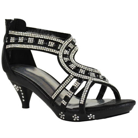 Kids Dress Sandals Strappy Asymmetrical Jeweled Dress Shoes black