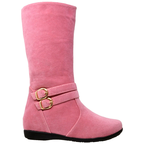 Kids Knee High Boots Quilted Leather Gold Buckle Accent Riding Shoes P