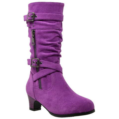 Kids Knee High Boots Ruched Leather Strappy Buckle Zip Accent Low Heel ...