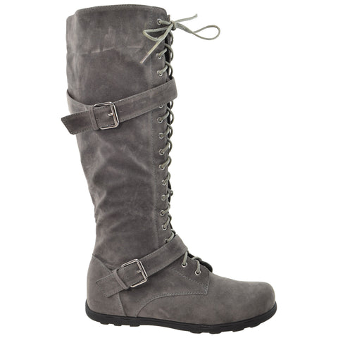 Womens Lace Up Knee High Boots Buckle 