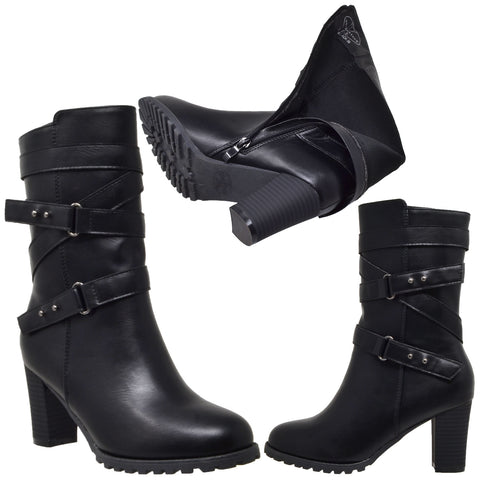Womens Mid Calf Boots Strappy Buckle 