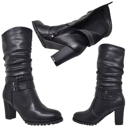 ladies black leather mid calf boots