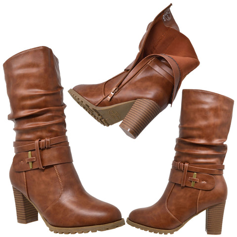 Womens Mid Calf Boots Faux Leather 