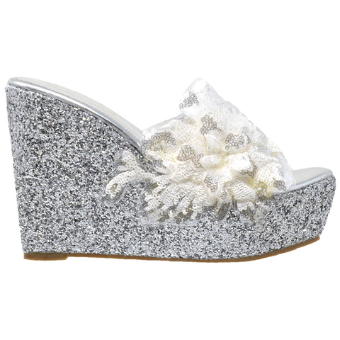 Womens Platform Sandals Glitter Flower 