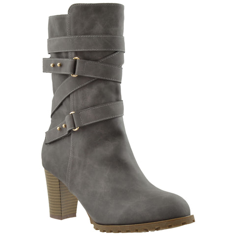 Womens Mid Calf Boots Strappy Buckle 